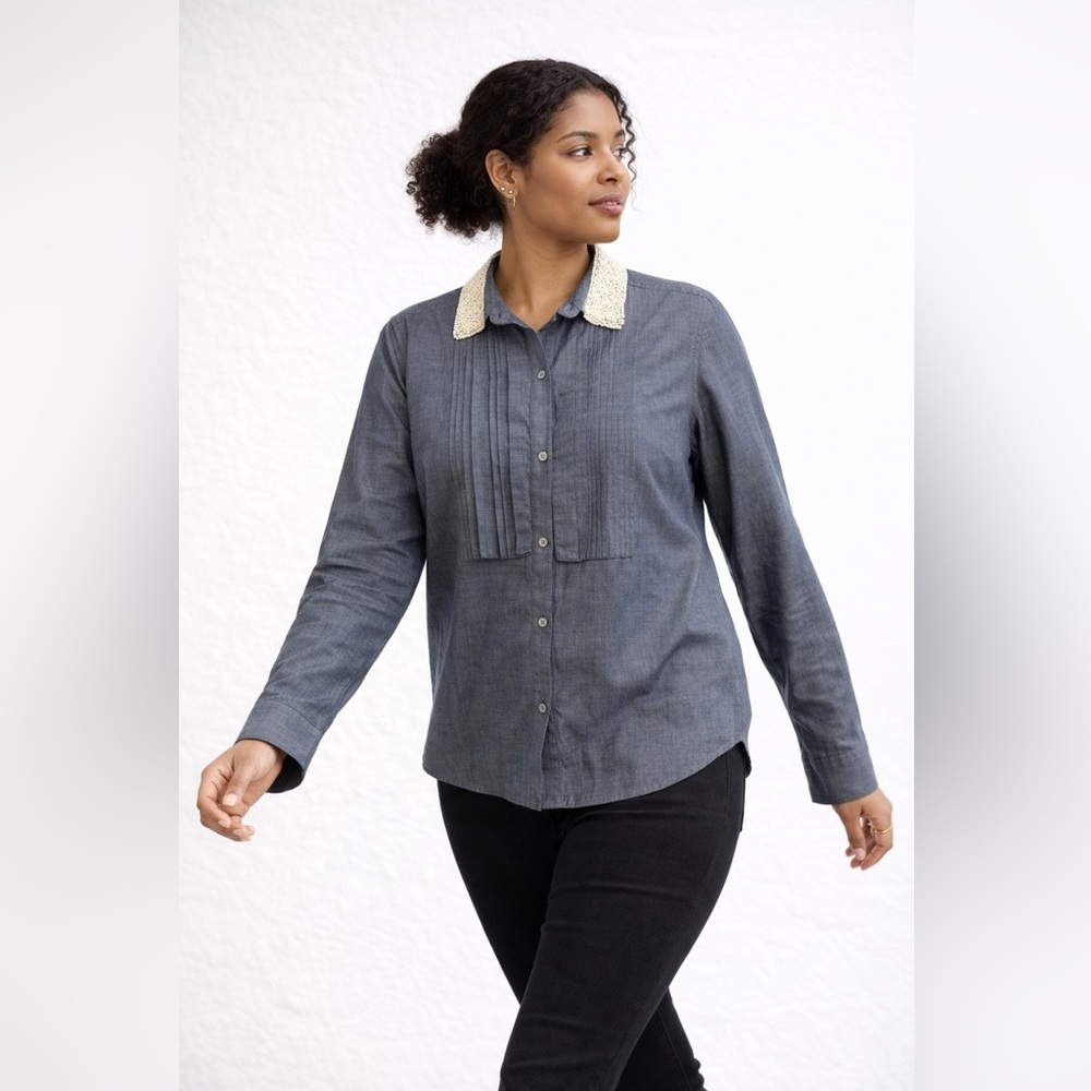 IPEKYOL Blue Button Front Blouse Beaded Collar Size US 12 Boho Chic